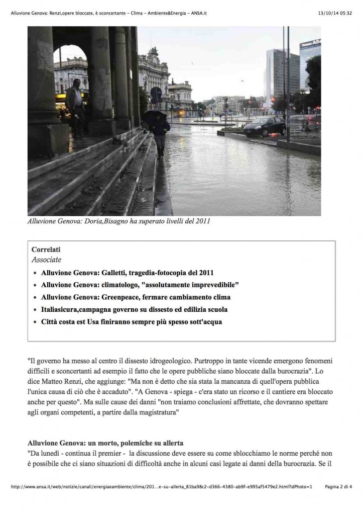1Alluvione Genova: Renzi,opere bloccate, è sconcertante - Clima - Ambiente&Energia - ANSA.it