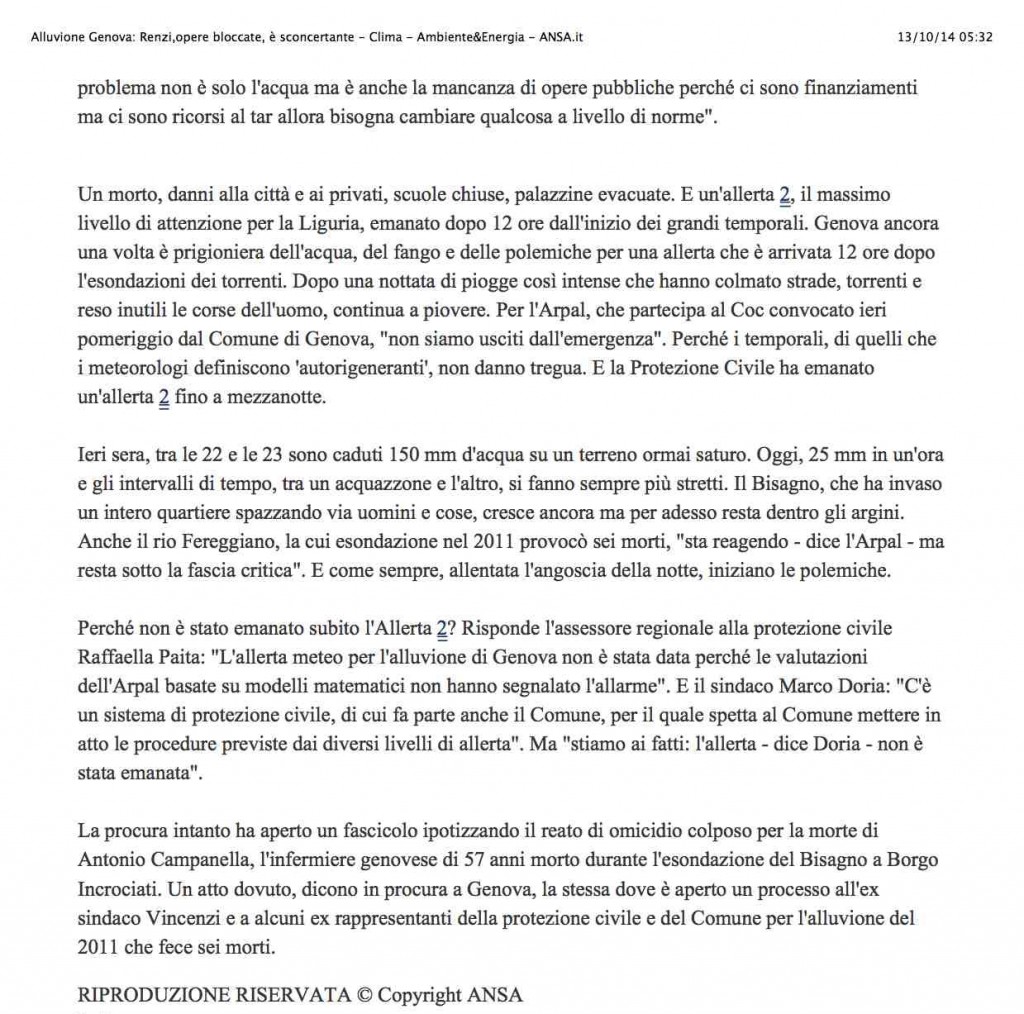 3Alluvione Genova: Renzi,opere bloccate, è sconcertante - Clima - Ambiente&Energia - ANSA.it